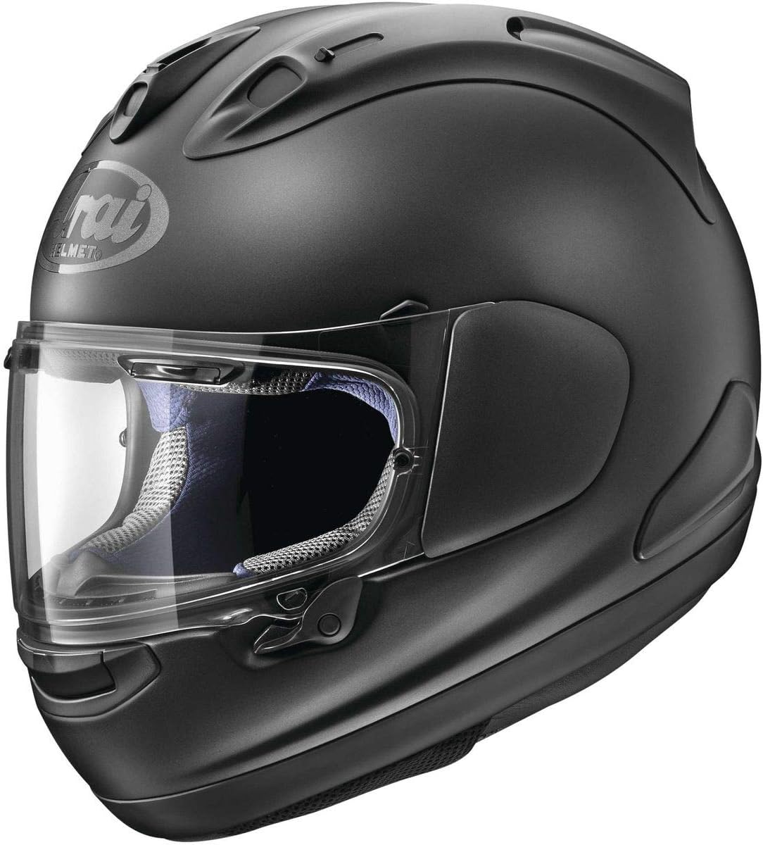 Matte black Arai Corsair-X full-face helmet featuring multiple top vents, a clear visor, and plush interior padding for premium comfort.