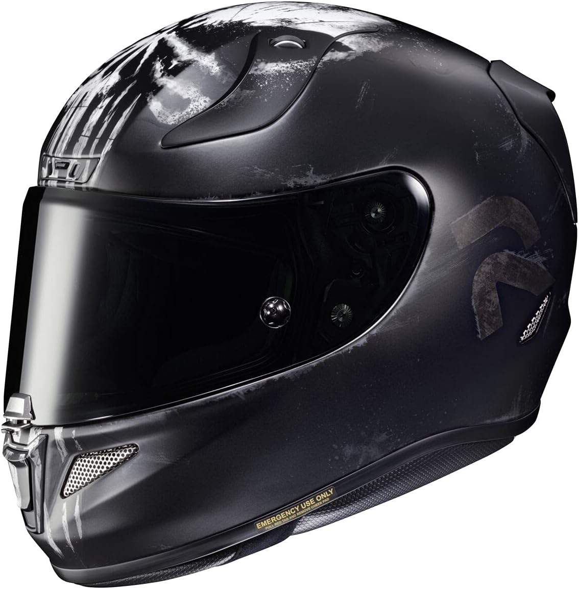 HJC RPHA 11 full-face helmet in blackout graphic design with a dark tinted visor and aerodynamic build for aggressive riding style.