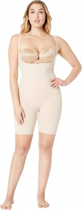 SPANX Thinstincts Open-Bust Mid-Thigh Bodysuit, a lightweight and breathable shapewear option with customizable straps.