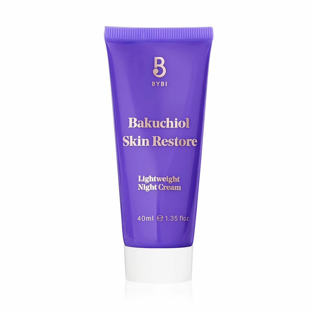 BYBI Bakuchiol Skin Booster serum in a purple tube, a gentle retinol alternative for smoother and radiant skin.