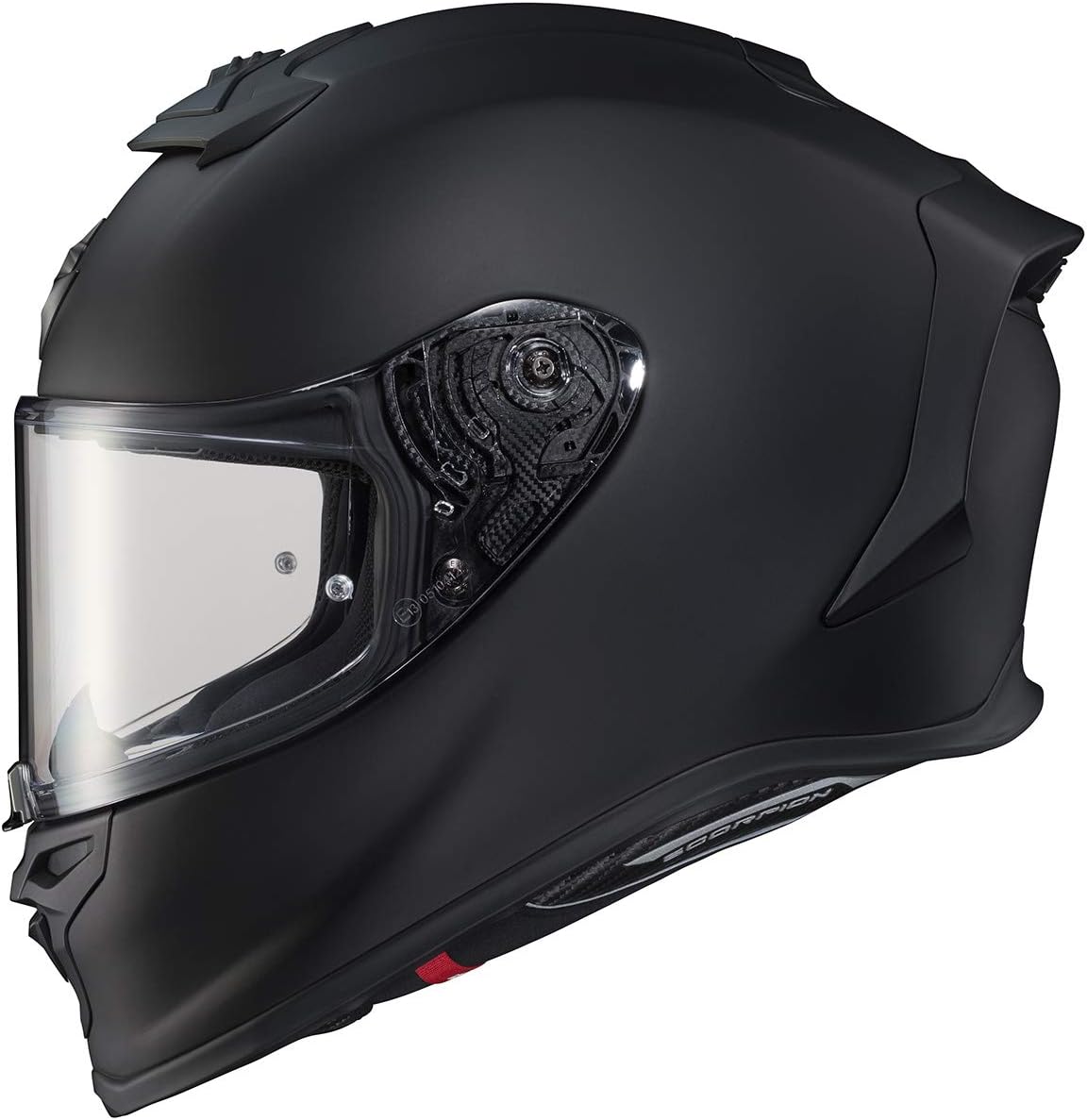 Matte black Scorpion EXO-R1 Air full-face helmet featuring a clear visor, aerodynamic rear spoiler, and emergency pull tabs for safety.