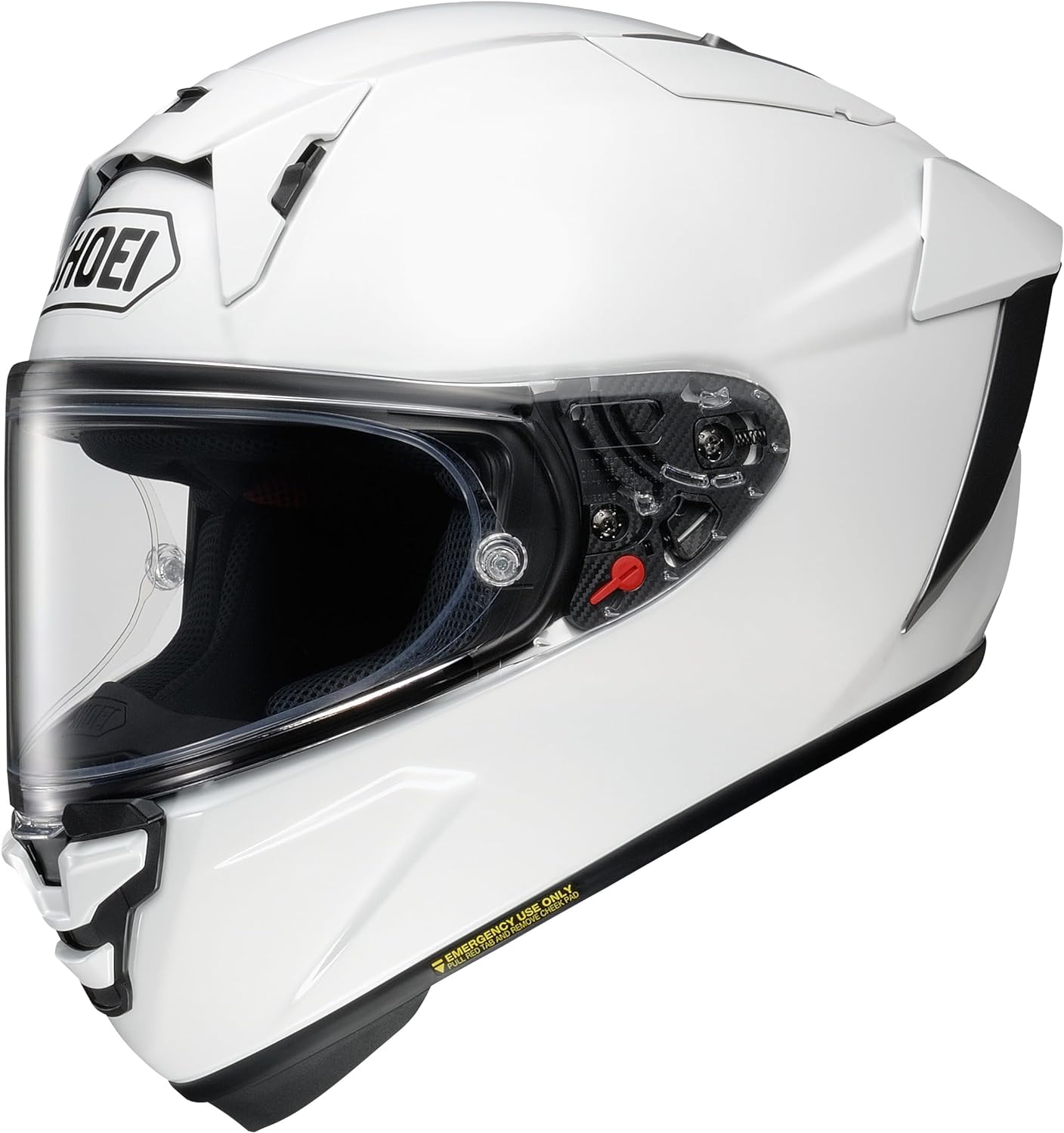 Gloss white Shoei X-Fourteen full-face helmet with a clear visor, aerodynamic edges, and red emergency quick-release tab.