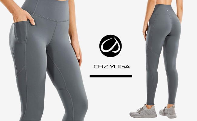 CRZ Yoga high-waisted gray leggings with side pockets, offering a sleek and functional design for active and casual wear.