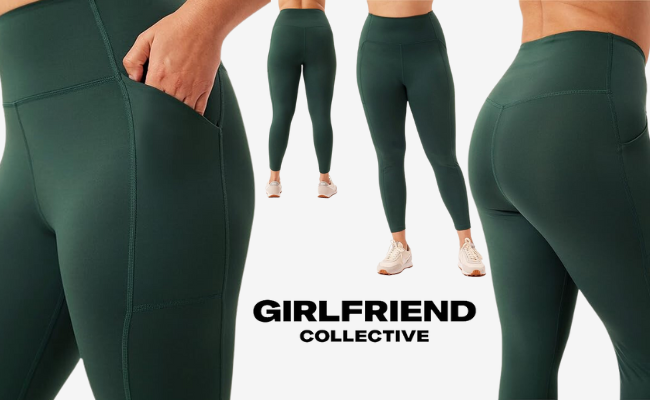 Girlfriend Collective high-waisted leggings in forest green, featuring a sleek design with pockets and sustainable fabric.