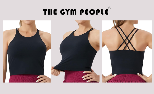 The Gym People workout tank top in black, featuring a high neckline, loose fit, and strappy back design.