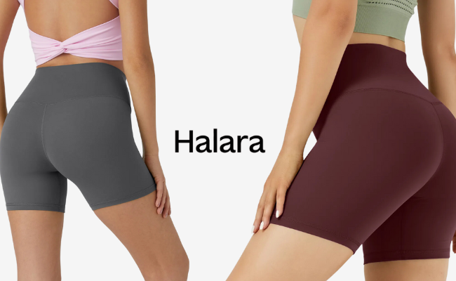 Two women wearing Halara high-waisted athletic shorts in gray and maroon, showcasing a comfortable and stylish fit for activewear.