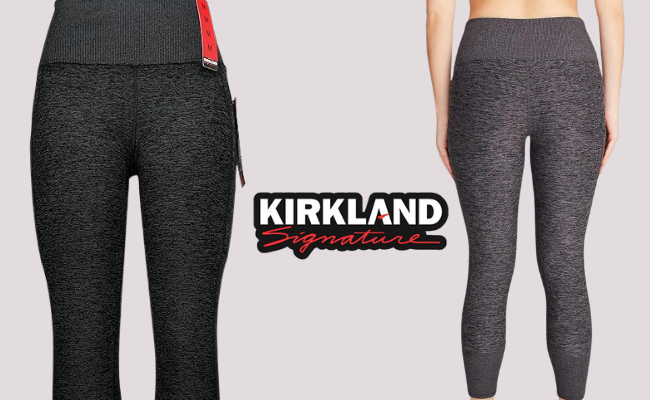 Kirkland Signature high-waisted leggings in heather gray, showcasing a sleek and comfortable fit.
