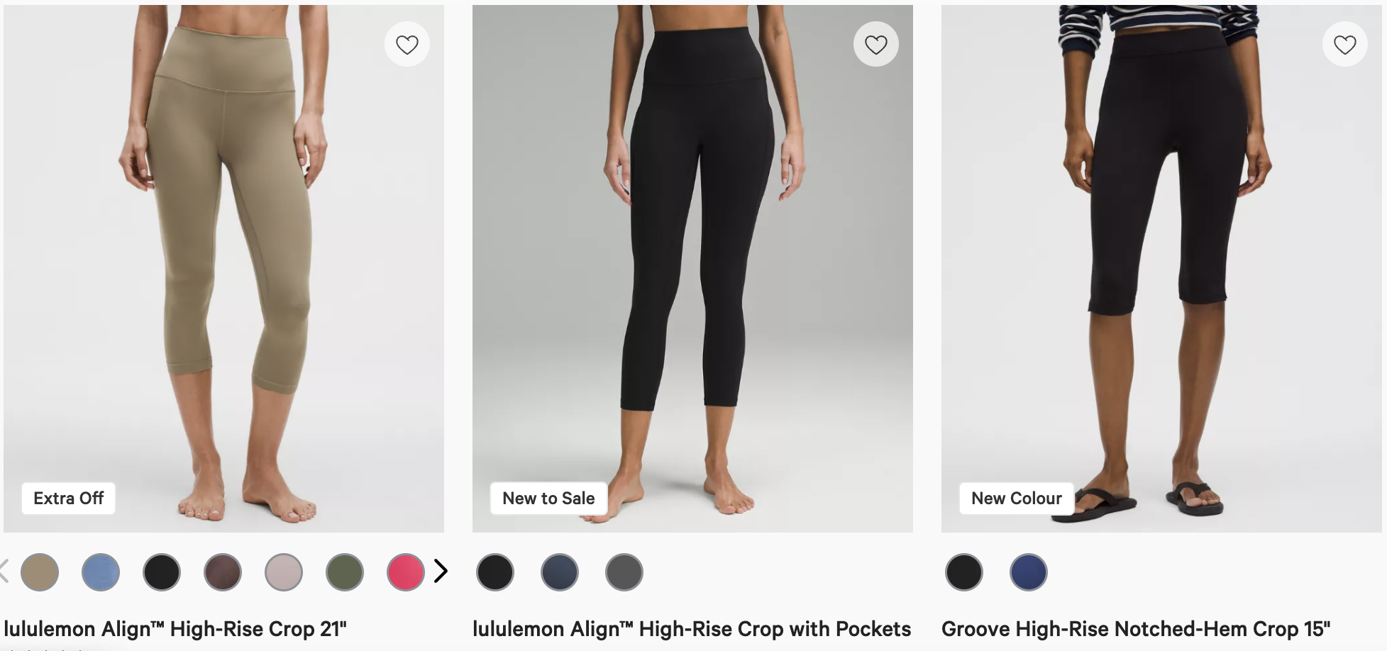 Three women wearing different Lululemon high-rise cropped leggings in various styles and colors. The first pair is the Lululemon Align™ High-Rise Crop 21" in a tan shade, labeled “Extra Off.” The second pair is the Lululemon Align™ High-Rise Crop with Pockets in black, labeled “New to Sale.” The third pair is the Groove High-Rise Notched-Hem Crop 15" in black, labeled “New Colour