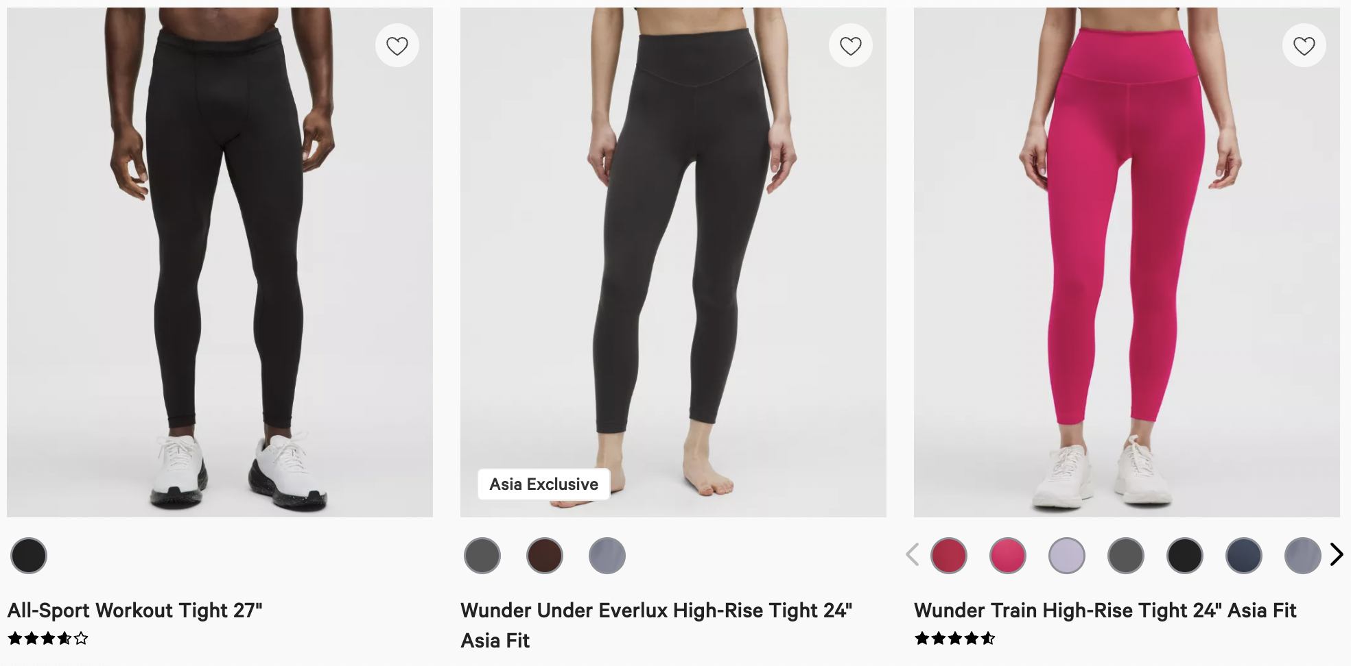 Three individuals wearing different Lululemon high-rise tights. The first is a man in black All-Sport Workout Tight 27". The second is a woman in the Wunder Under Everlux High-Rise Tight 24" Asia Fit, labeled “Asia Exclusive” in a dark gray tone. The third is a woman in vibrant pink Wunder Train High-Rise Tight 24" Asia Fit with multiple color swatches shown below.