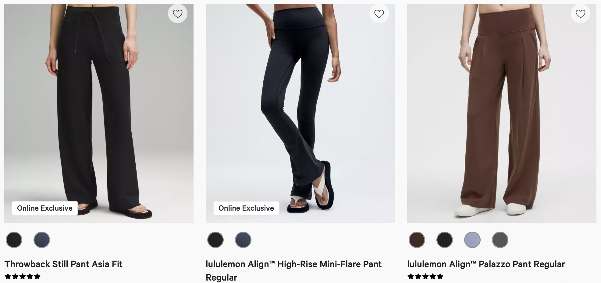Three women modeling different Lululemon pants. From left to right: Throwback Still Pant Asia Fit in black labeled “Online Exclusive,” Lululemon Align™ High-Rise Mini-Flare Pant Regular in black labeled “Online Exclusive,” and Lululemon Align™ Palazzo Pant Regular in brown with a five-star rating and multiple color options.