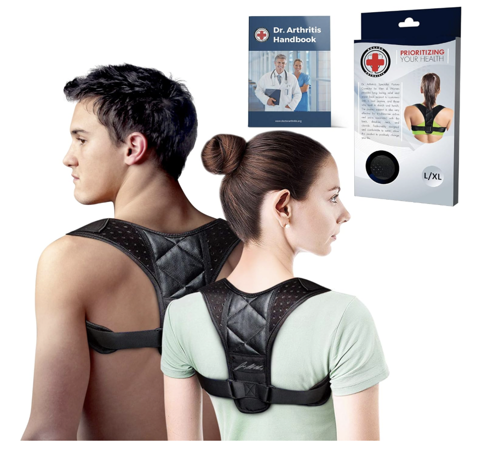 A man and a woman wear matching black posture corrector braces, shown alongside the Dr. Arthritis Handbook and product packaging labeled “Prioritizing Your Health” in size L/XL.