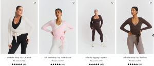A lineup of women wearing Soft Ballet Wrap Tops in off white, pink, and espresso, styled with matching Softsculpt leggings—highlighting elegant, form-fitting Pilates wear in inclusive sizing.