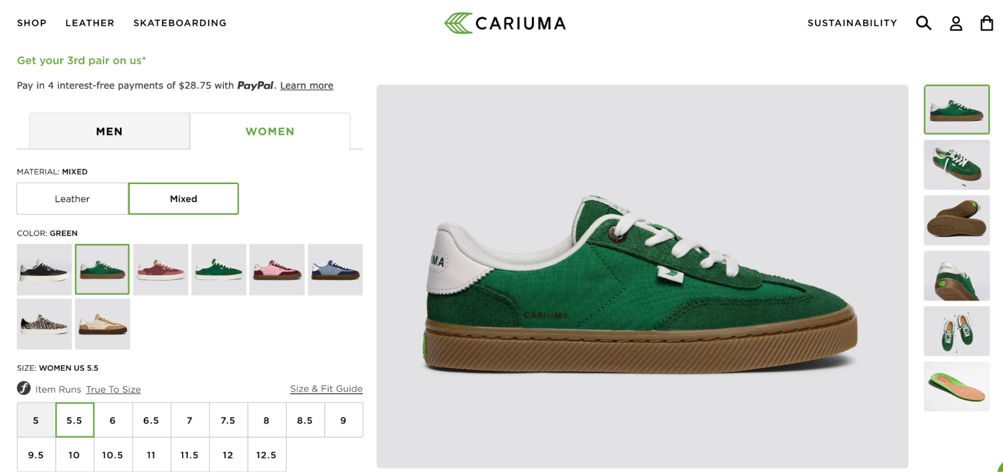 Cariuma’s women’s sneaker in green mixed materials features a gum sole, white laces, and a white contrast heel for an eco-conscious streetwear look.