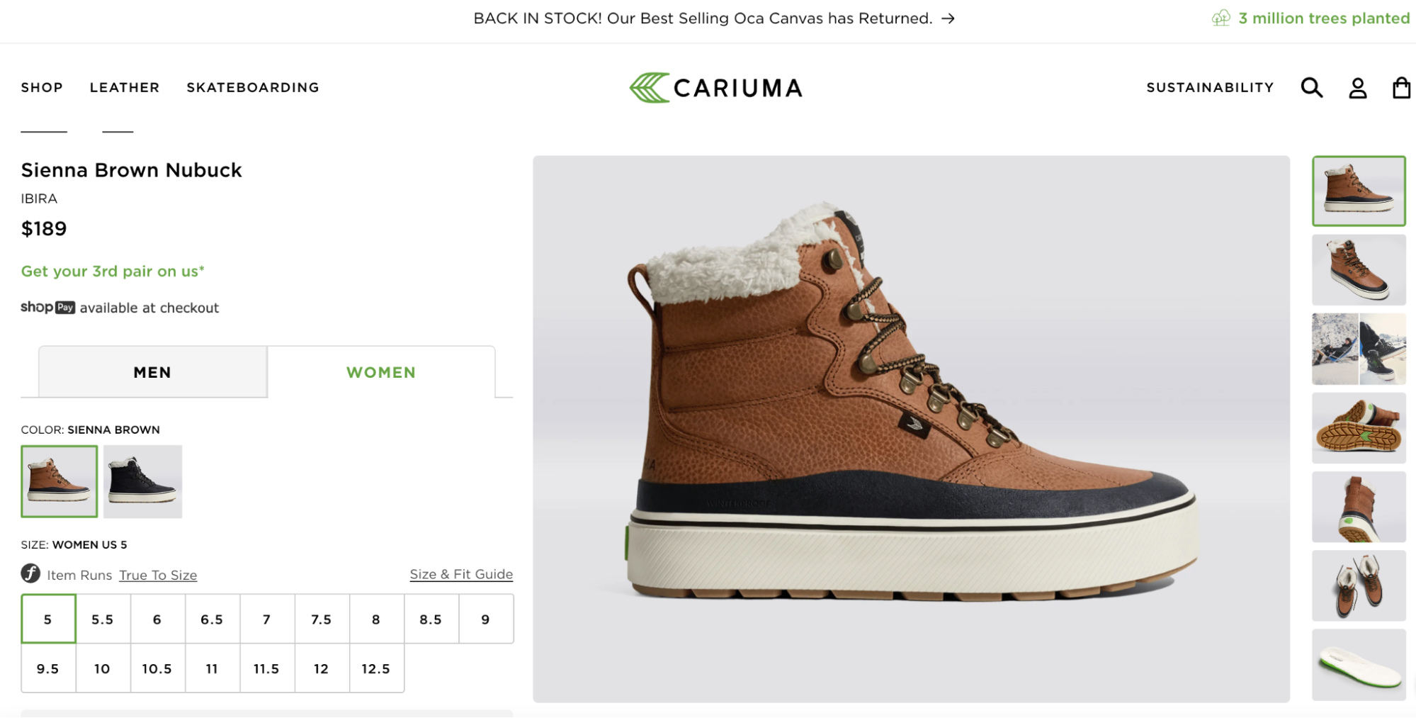Cariuma’s Ibira women’s boot in sienna brown nubuck features a sherpa-lined high-top design with rugged waterproof leather, hiking-style eyelets, and a thick traction sole for winter durability.