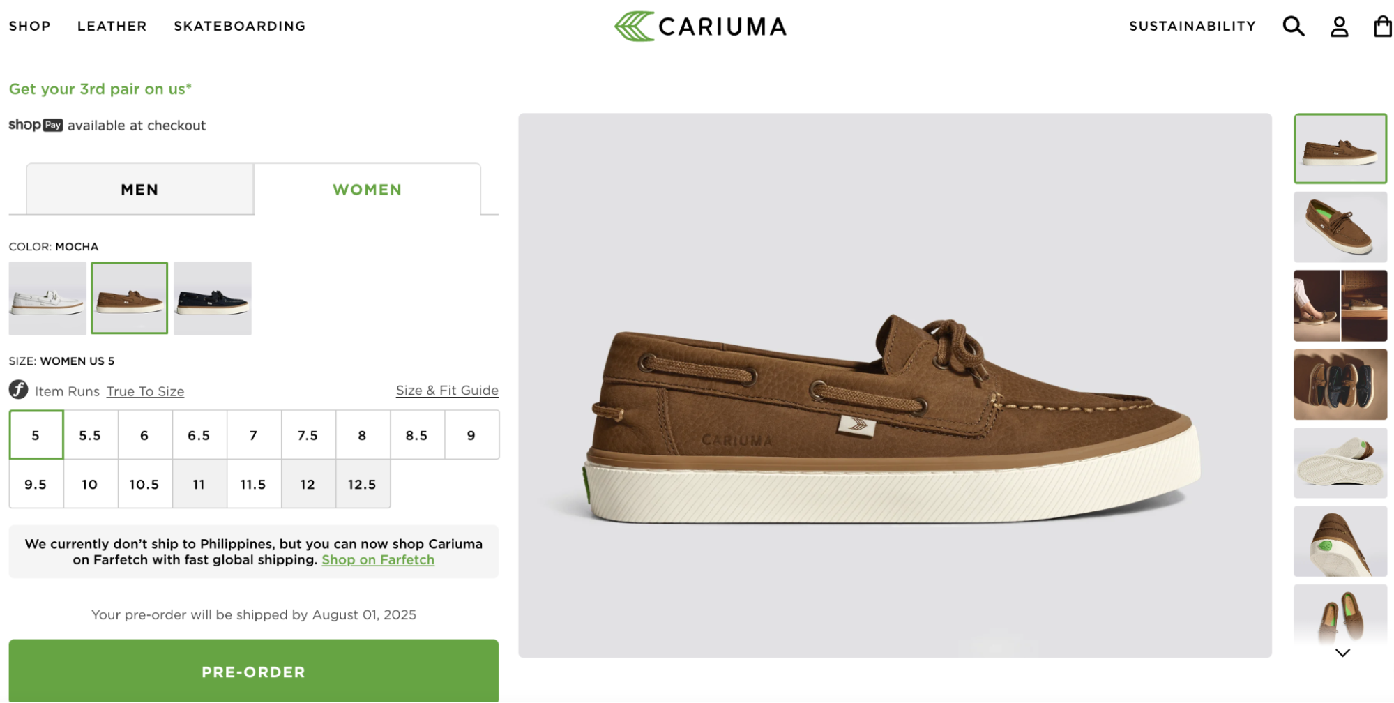 A side profile of Cariuma’s women’s boat shoe in mocha leather, showcasing rawhide lacing, contrast stitching, and an off-white rubber sole for a sustainable yet classic look.