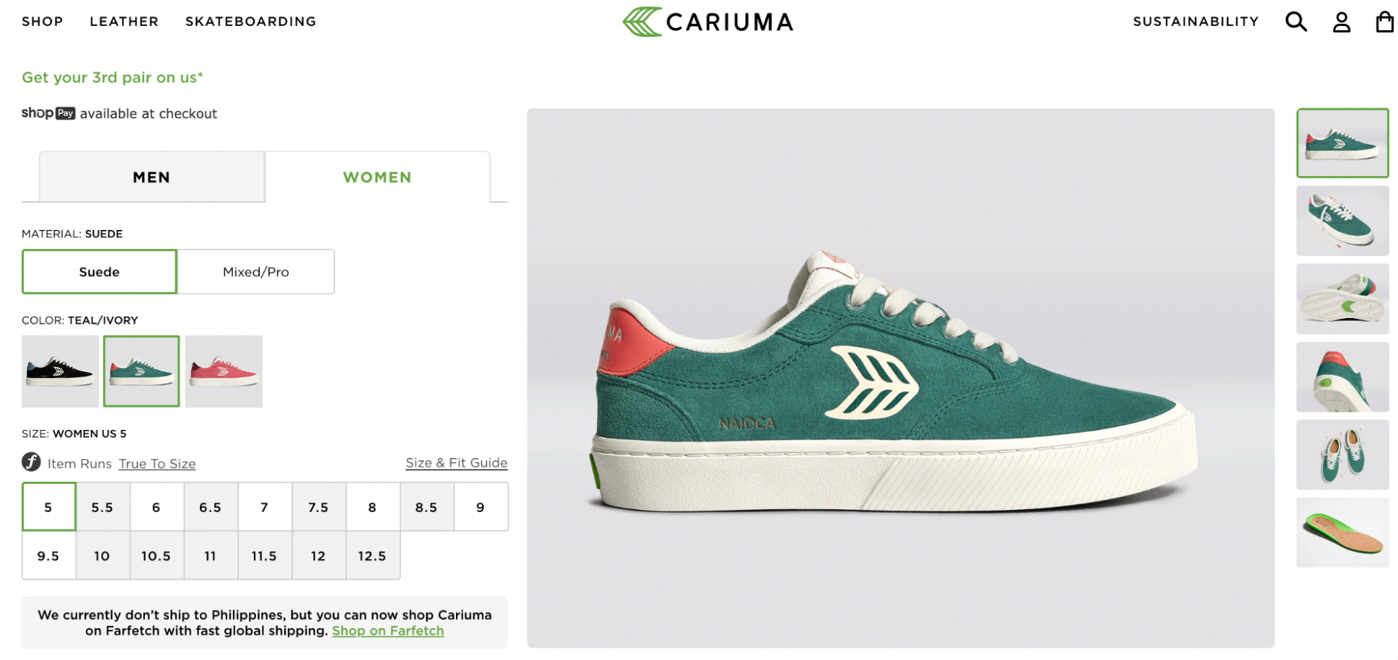 Cariuma’s Naioca women’s sneaker in teal suede features ivory details, a coral-red heel accent, and cream rubber soles for a vibrant and eco-conscious everyday look.