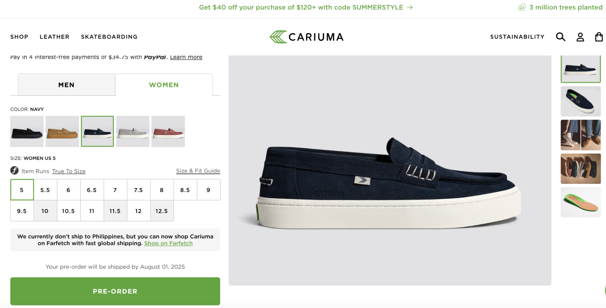 A close-up side view of Cariuma’s women’s navy boat shoe featuring canvas material, decorative lacing, and a white rubber sole with sustainable design elements.