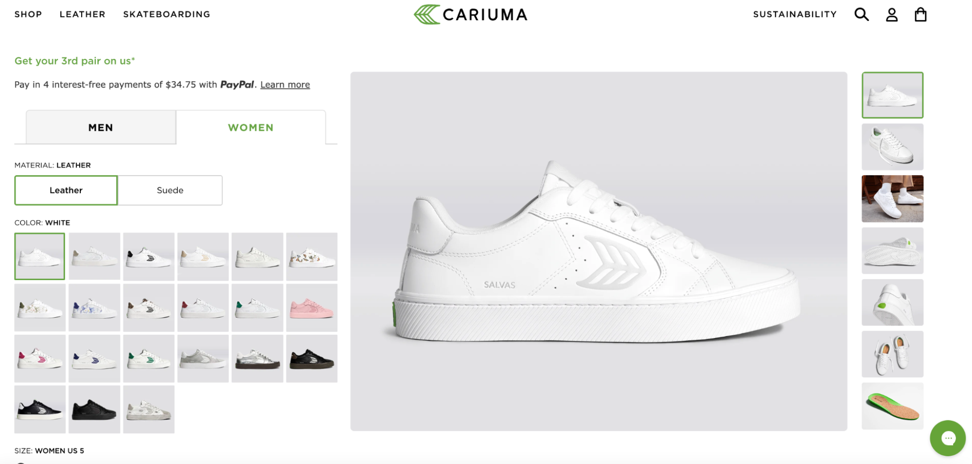 Cariuma’s women’s sneaker in white/ice colorway features smooth and pebbled leather textures, tonal detailing, and a durable sole for a sleek athletic finish.