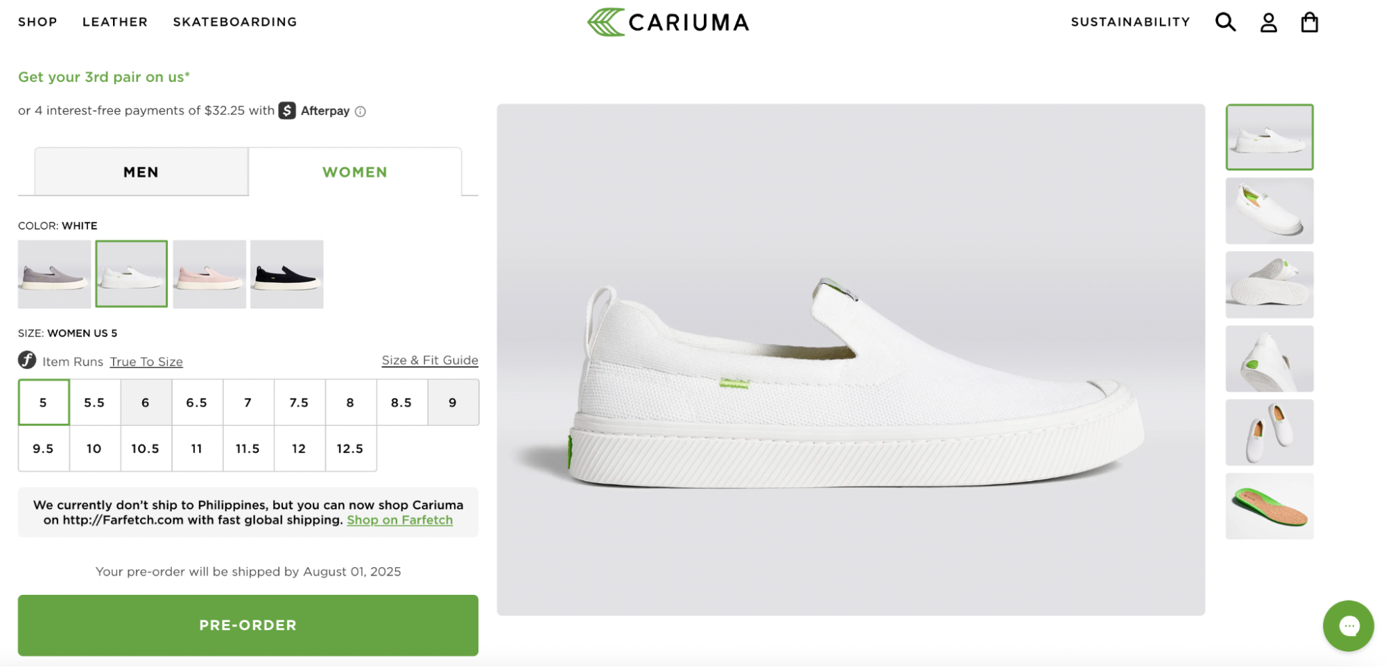 A minimalist side view of Cariuma’s women’s white slip-on canvas sneaker, designed for comfort and sustainability with a green heel detail.