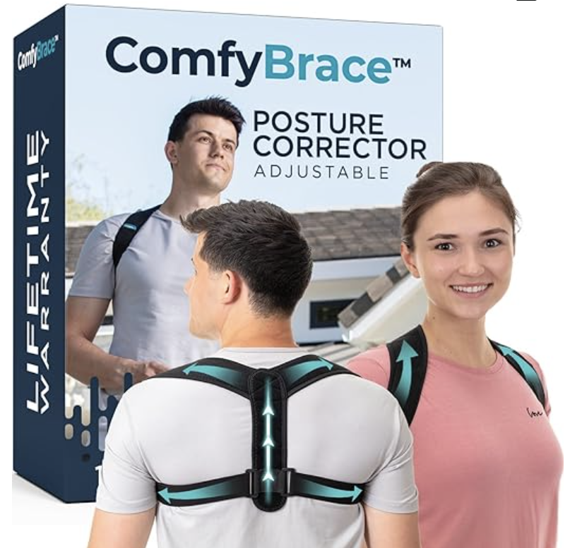 A man and woman wear the ComfyBrace adjustable posture corrector with teal directional support graphics, displayed alongside the product’s retail box featuring branding and a lifetime warranty label.
