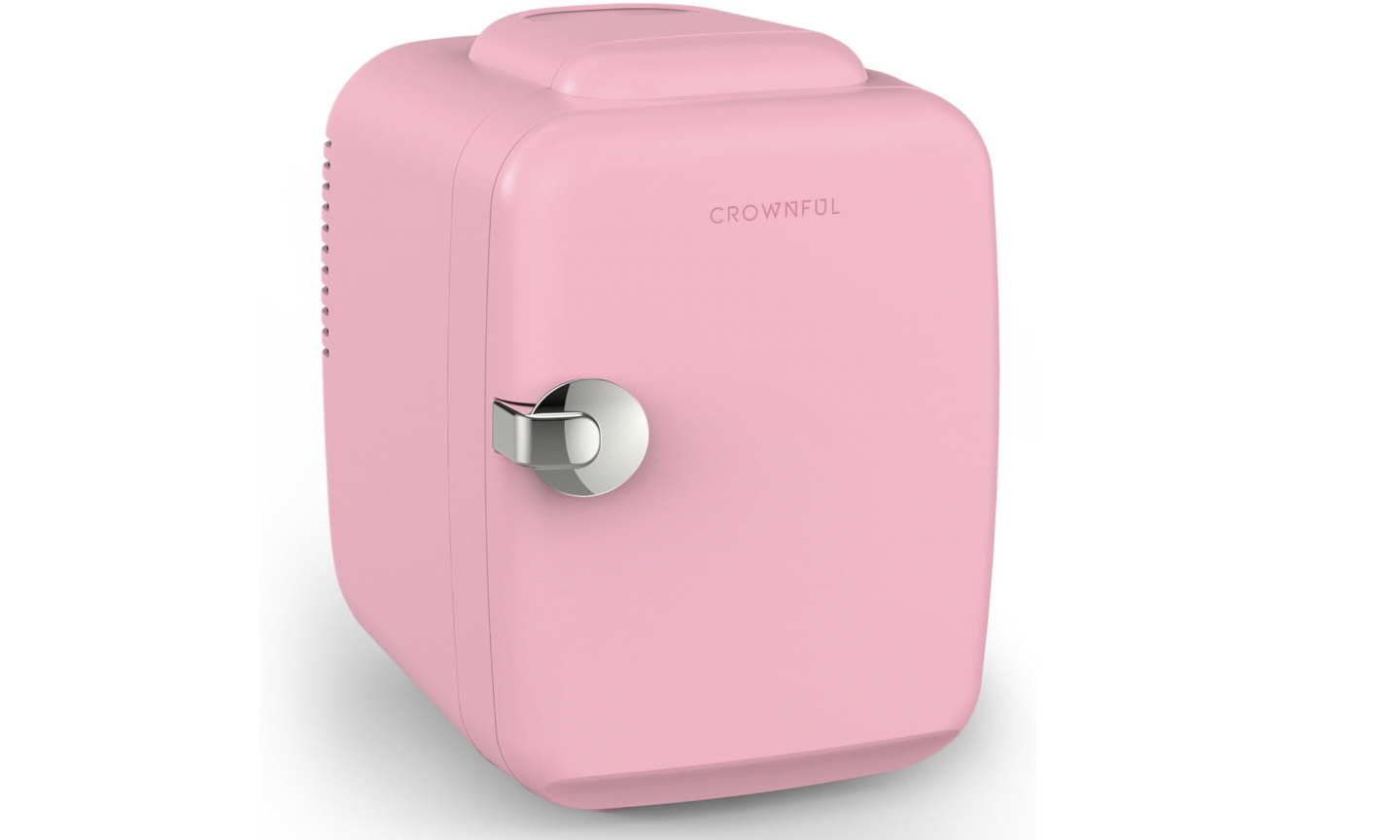 A pastel pink CROWNFUL mini fridge with a retro design and silver latch handle, perfect for storing snacks, drinks, or cosmetics.