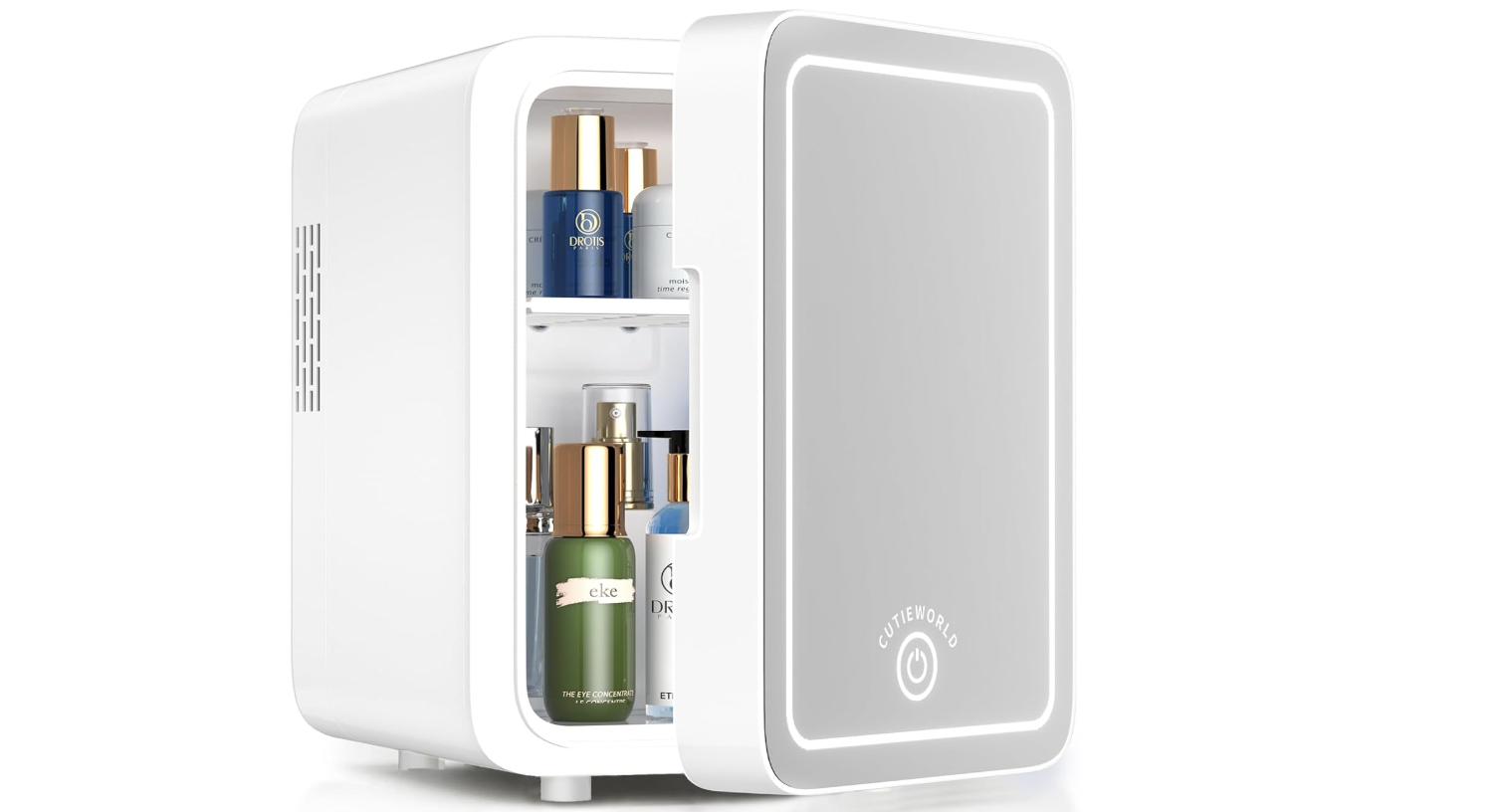 A sleek white CutieWorld mini fridge with an LED-lit mirror door, partially open to reveal an assortment of skincare bottles and beauty products.