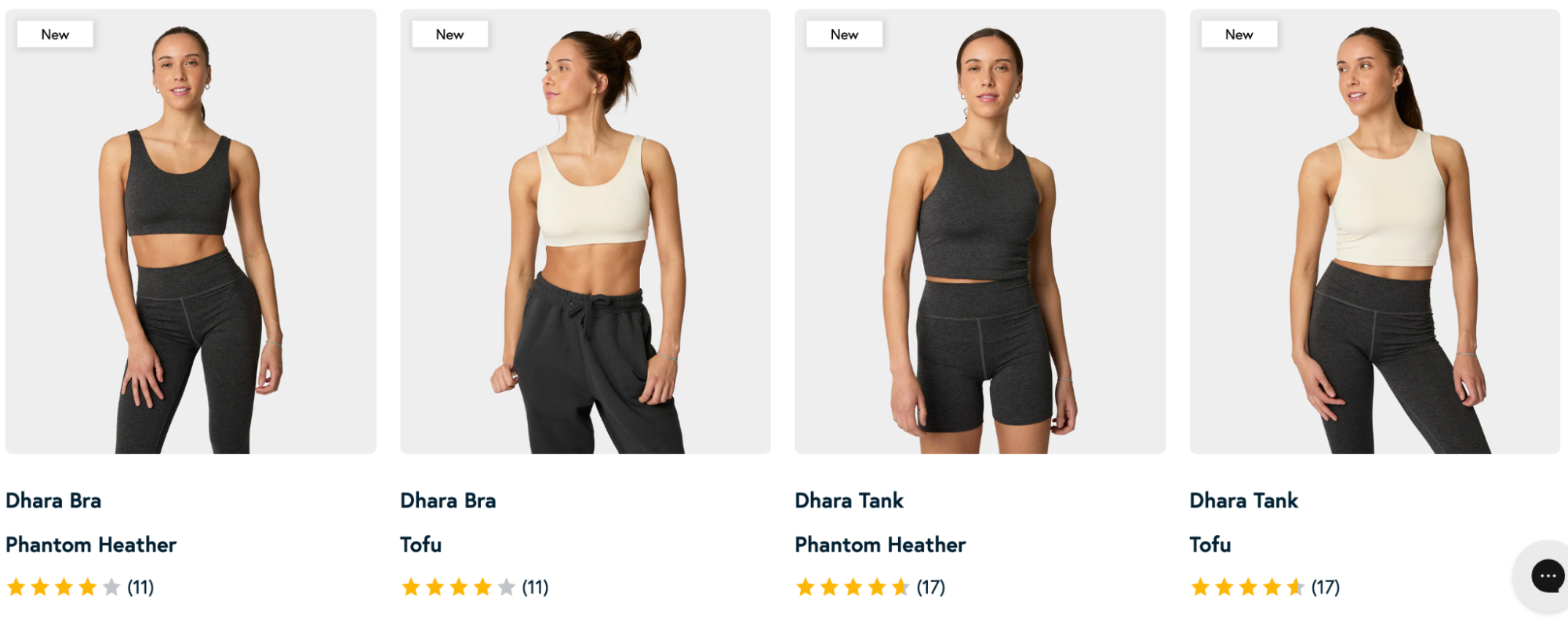 Models wear the Dhara Bra and Dhara Tank in Phantom Heather and Tofu, showcasing minimalist, supportive activewear ideal for Pilates and everyday movement. 