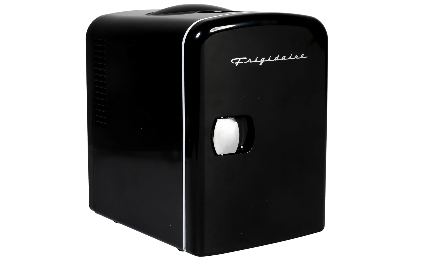 A glossy black Frigidaire mini fridge with a vintage-inspired design and chrome handle, ideal for compact cooling in small spaces.