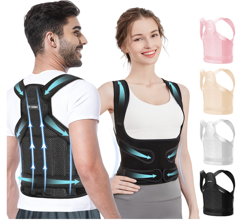 A man and woman wear black full-back posture corrector braces with directional support graphics, shown alongside four additional color options: pink, beige, white, and black.