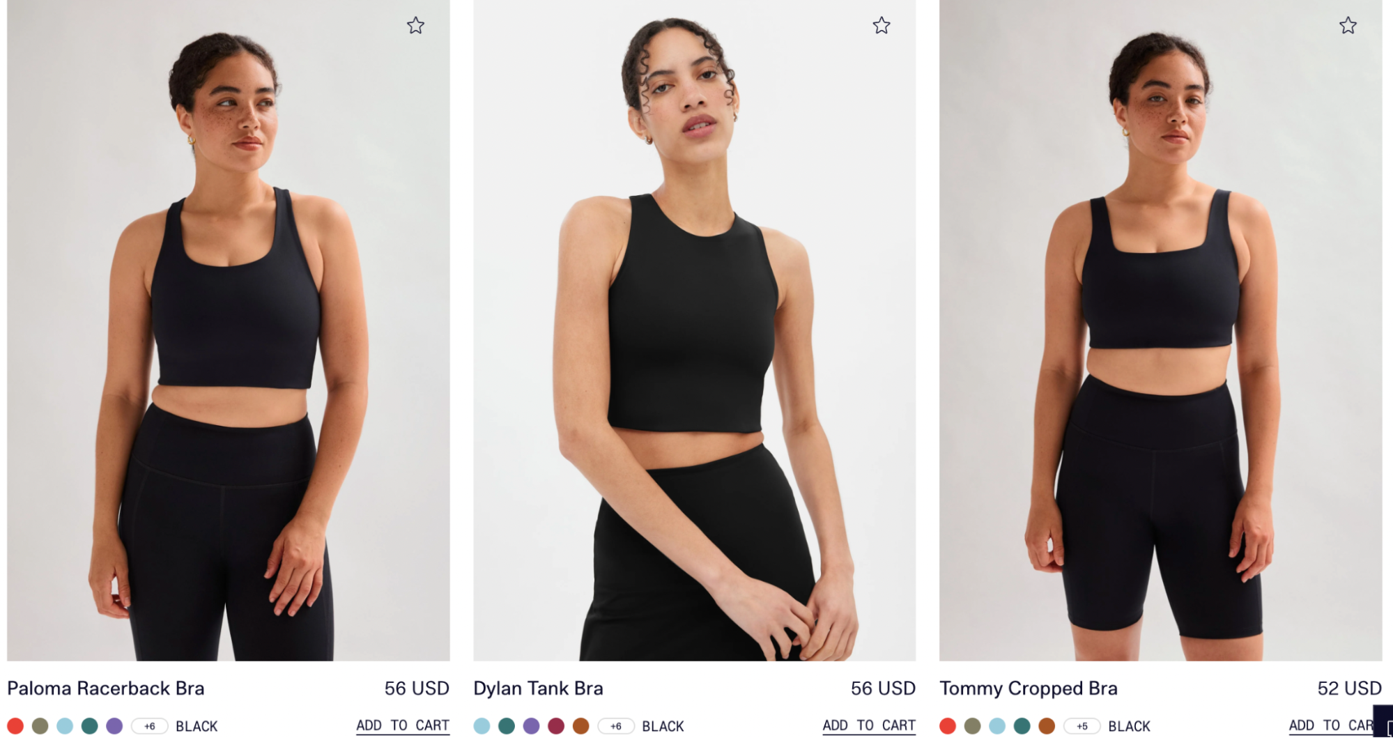 Models wear Girlfriend Collective’s Paloma Racerback Bra, Dylan Tank Bra, and Tommy Cropped Bra in black, offering stylish and inclusive activewear options for every body type.