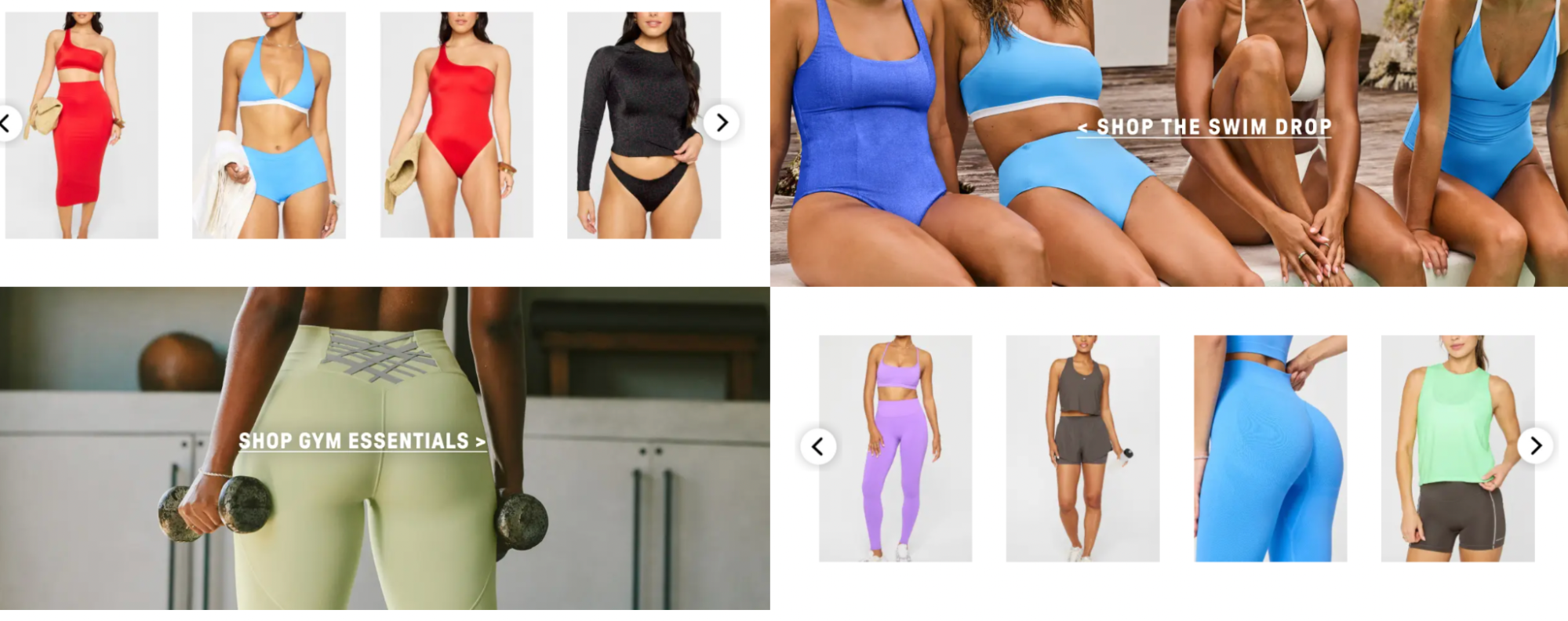 A collage of stylish women's activewear and swimwear including matching sets, bodysuits, and gym essentials designed for both performance and fashion.