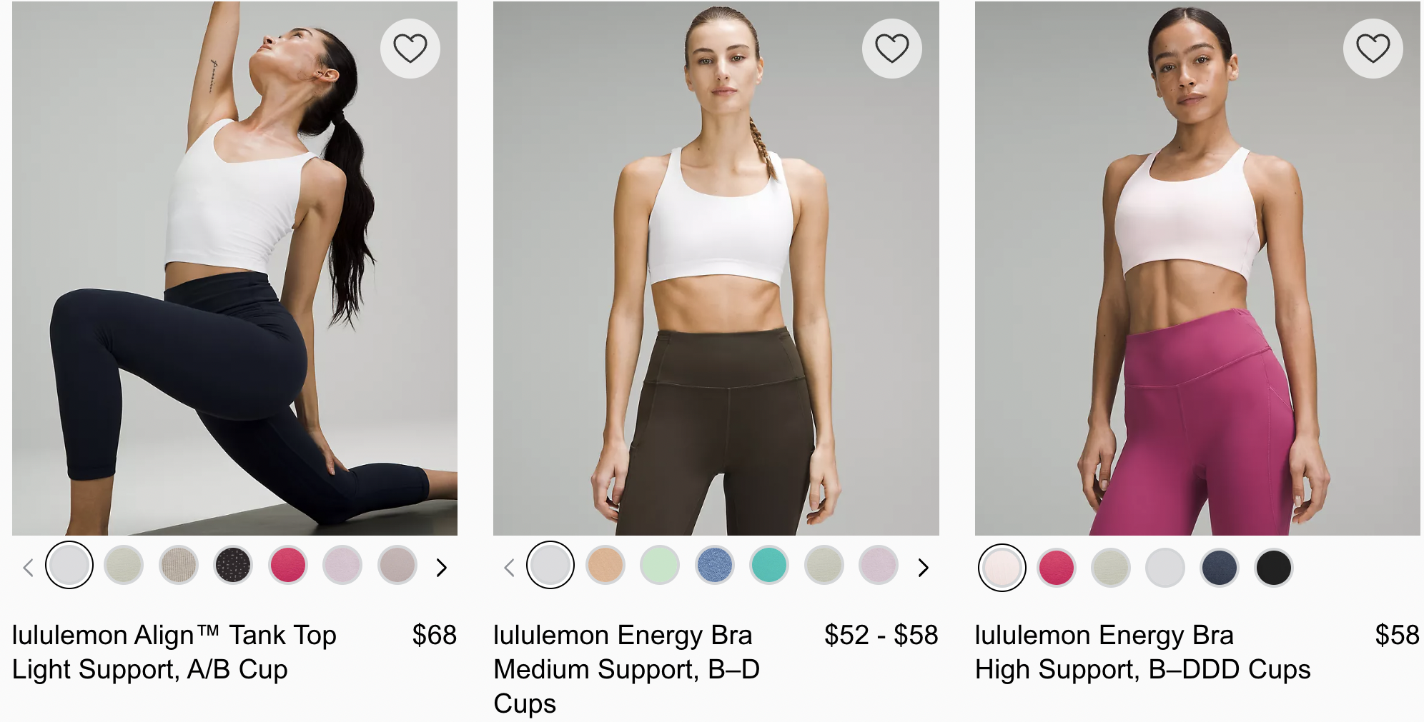 Three women model Lululemon activewear, including the Align™ Tank Top and Energy Bras in varying support levels, ideal for Pilates and fitness routines.
