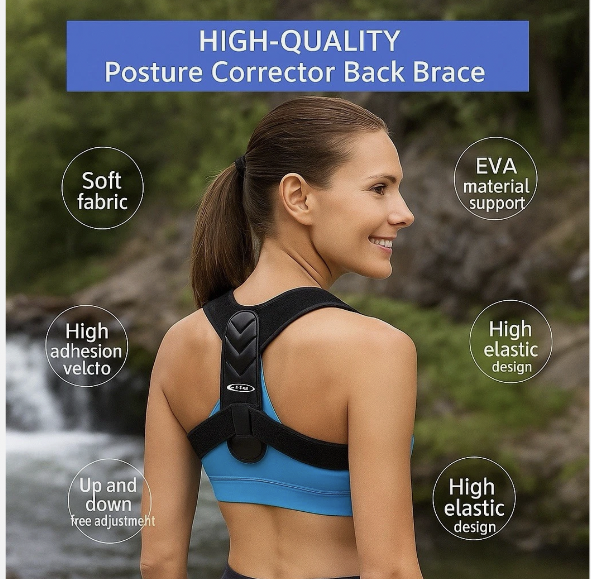 A woman wearing a black posture corrector back brace outdoors is highlighted with callouts for features like soft fabric, high adhesion velcro, EVA support, and high elasticity.