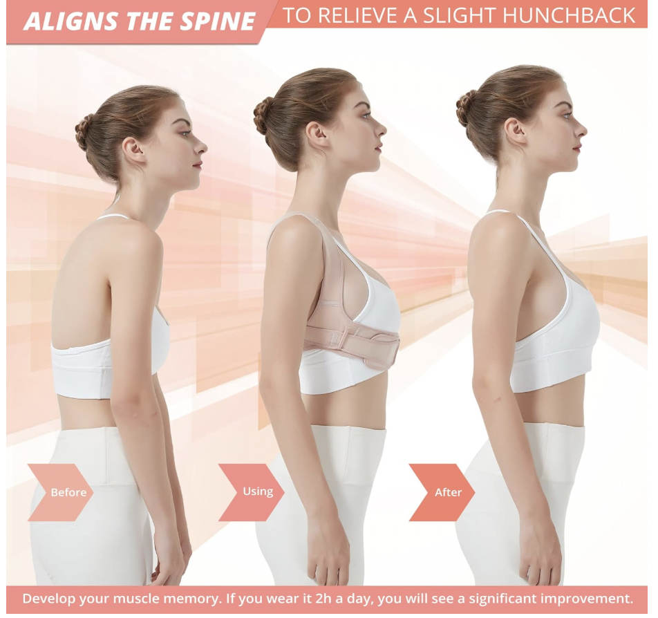 A visual comparison of a woman’s posture before, during, and after using a spine-aligning posture corrector, showing progressive improvement from slouched to upright stance.
