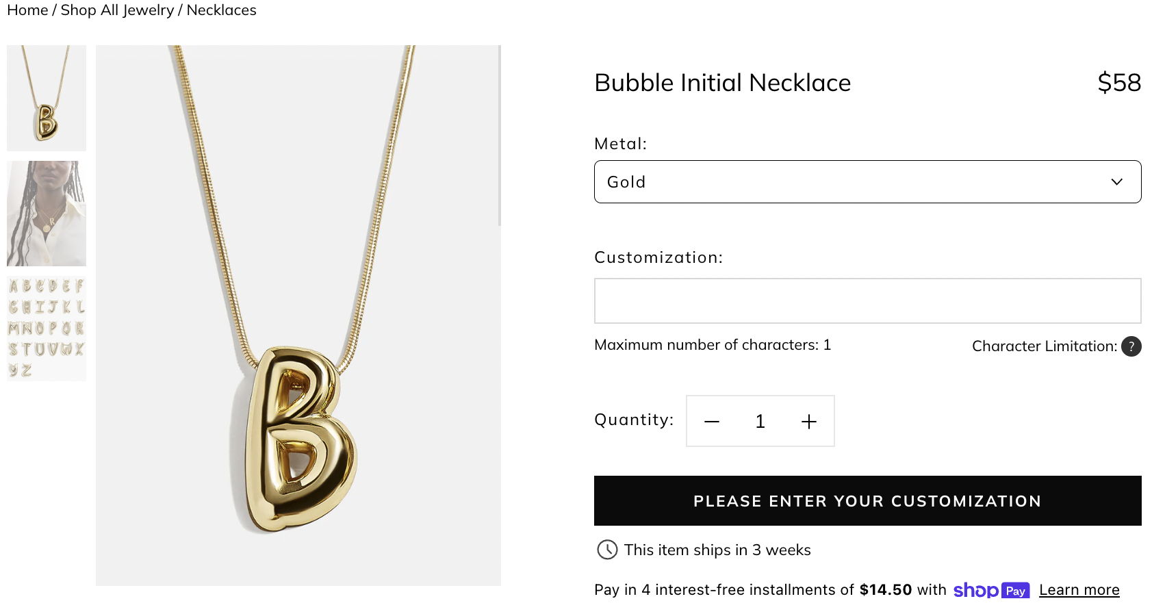 A gold bubble initial necklace from BaubleBar featuring a bold 3D letter “B” pendant on a sleek chain, with customization options available.