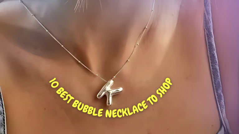 A woman wears a silver bubble letter “K” necklace on a delicate chain, with the text “10 Best Bubble Necklace to Shop” arched below in bold yellow font.
