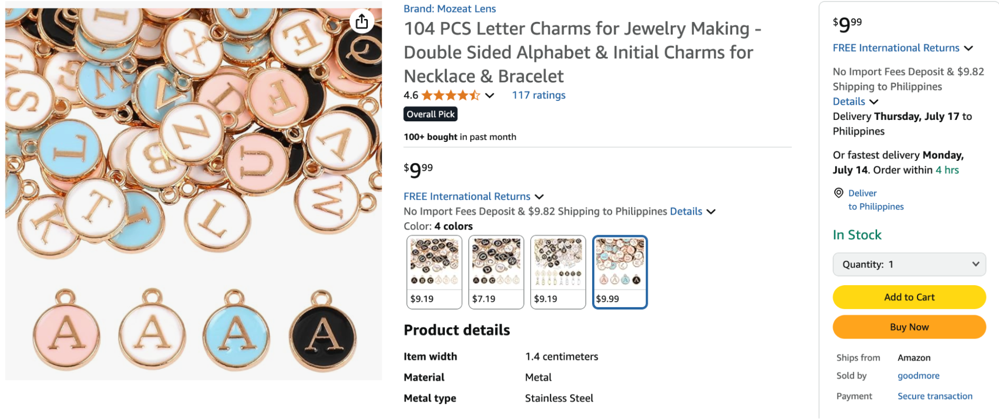 A mixed set of 104 round double-sided letter charms in pastel pink, blue, black, and white enamel, framed with gold trim. Ideal for DIY jewelry making, these stainless steel alphabet pendants can be used for customizing bracelets, necklaces, and phone charms.