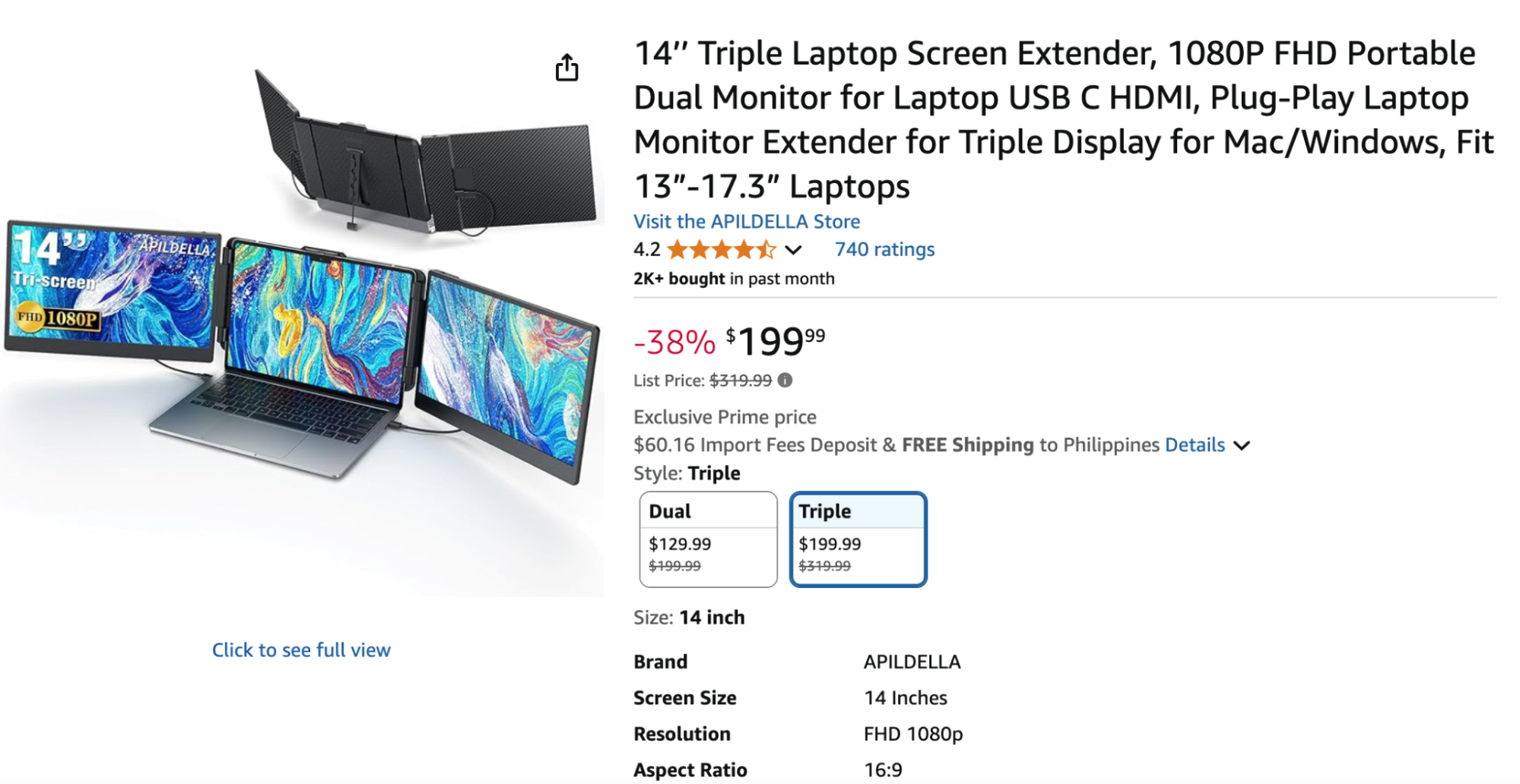APILDELLA’s 14-inch FHD 1080P triple laptop screen extender features two foldable side monitors for 13"–17.3" laptops, with USB-C and HDMI plug-and-play compatibility.