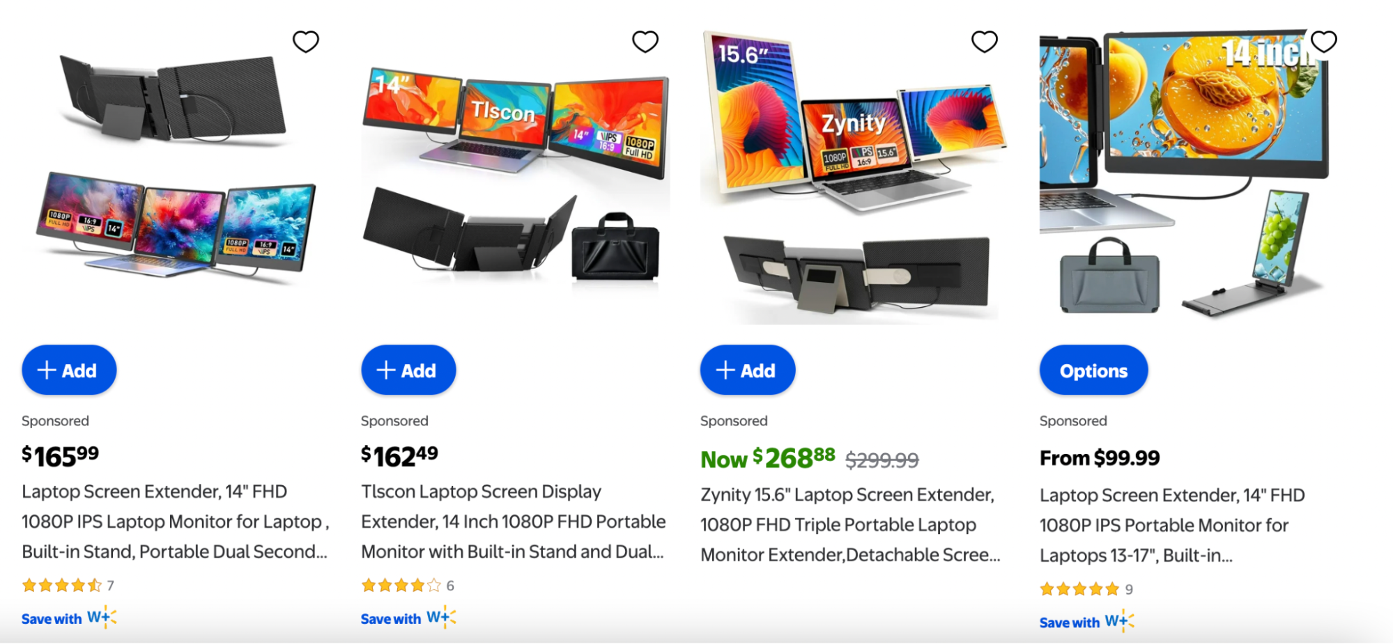 A product lineup featuring four different laptop screen extenders from brands like TLScon and Zynity on Walmart’s site, showcasing 14" to 15.6" FHD 1080P dual and triple portable monitor options with built-in stands and cases.
