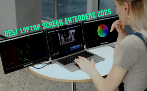 A woman uses a Maxfree triple laptop screen extender setup for creative editing on a round table, with overlay text reading “Best Laptop Screen Extenders 2025.”
