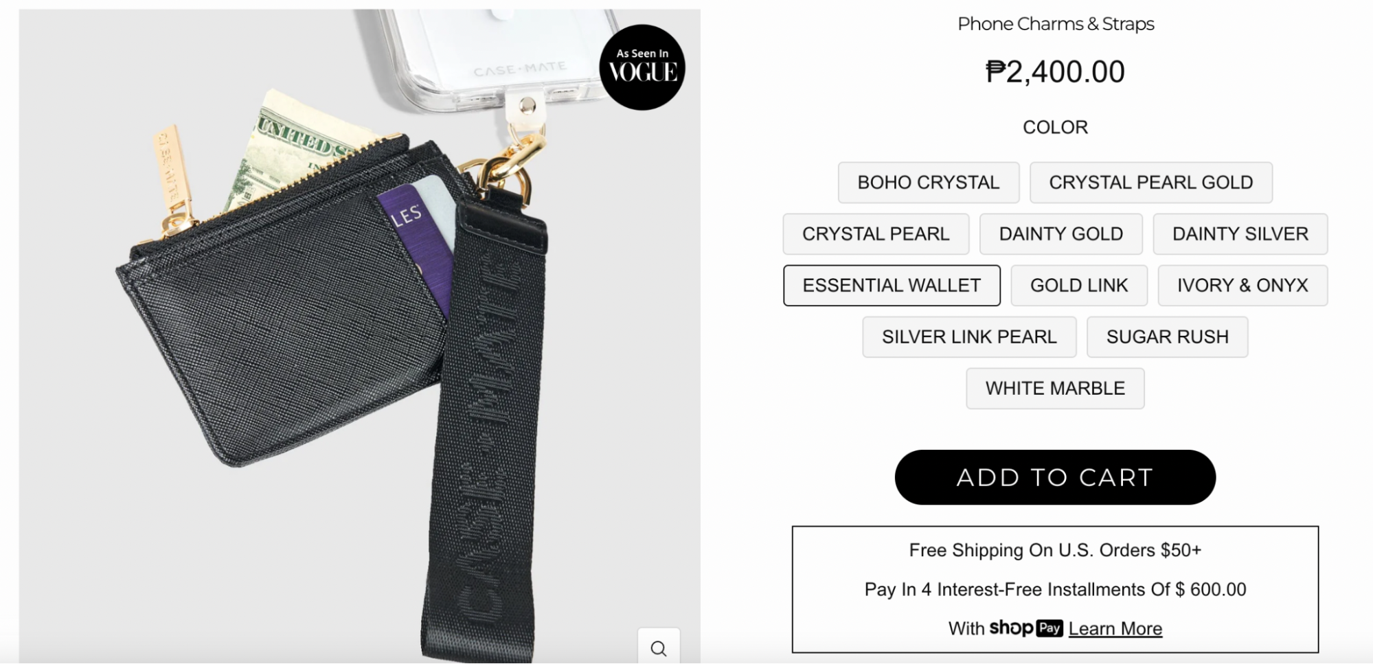 A sleek black phone wallet from Case-Mate featuring a gold zipper, card slots, and an attached fabric wrist strap embossed with the brand’s name. Designed for convenience and style, this essential wallet clips onto phone cases, allowing easy access to cash, cards, and IDs on the go.
