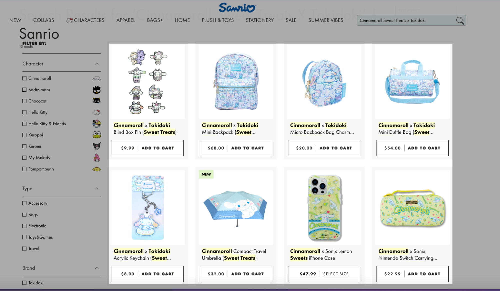 Screenshot of Sanrio’s online store displaying the Cinnamoroll x Tokidoki “Sweet Treats” collection, including blind box pins, backpacks, duffle bags, keychains, a compact umbrella, iPhone case, and Nintendo Switch case.