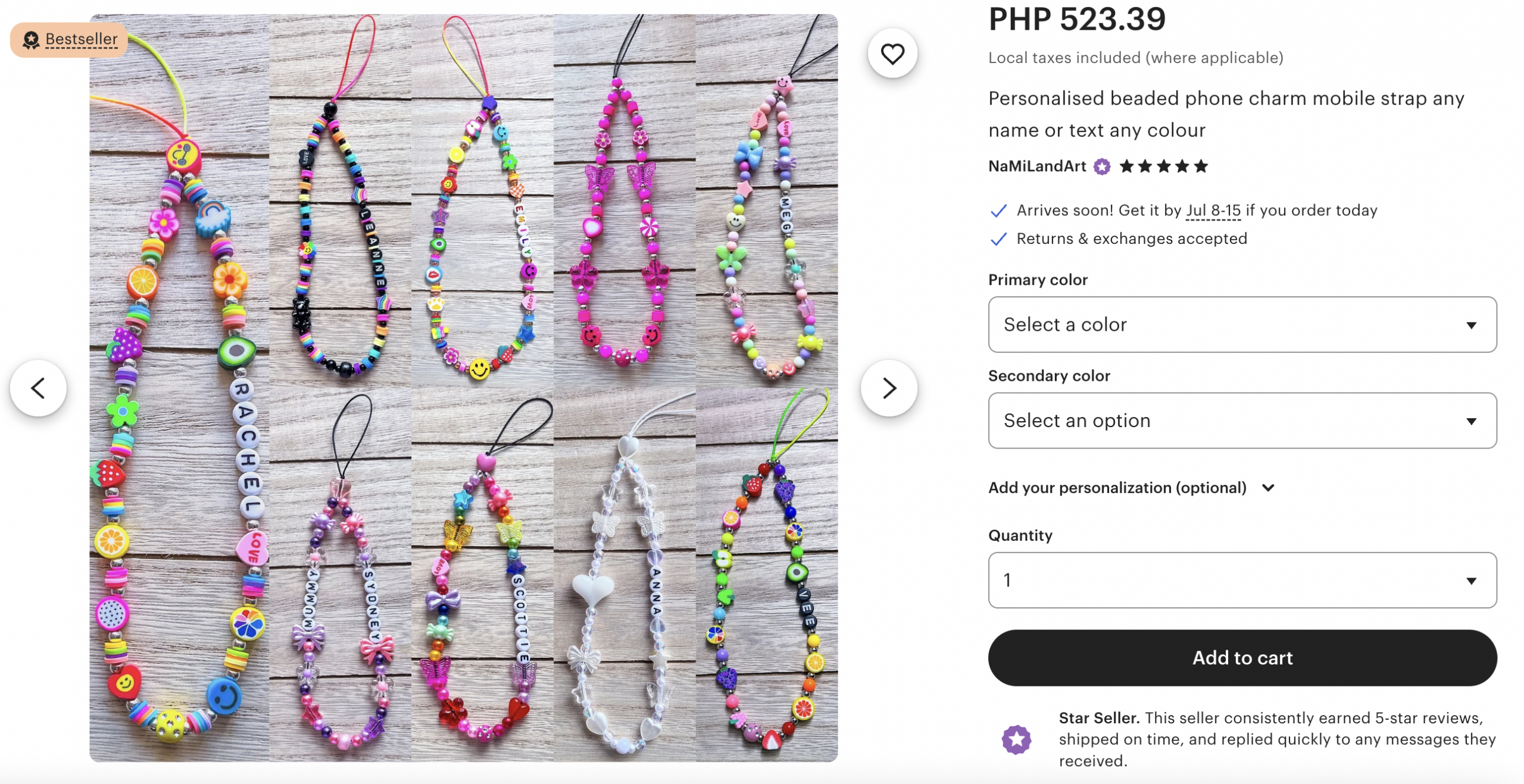 A colorful assortment of personalized beaded phone charms, each featuring playful designs, fruit and smiley face beads, and custom name texts like “RACHEL,” “SYDNEY,” and “MELODY.” These handmade mobile straps come in a variety of vibrant color combinations and can be customized with any name or word.
