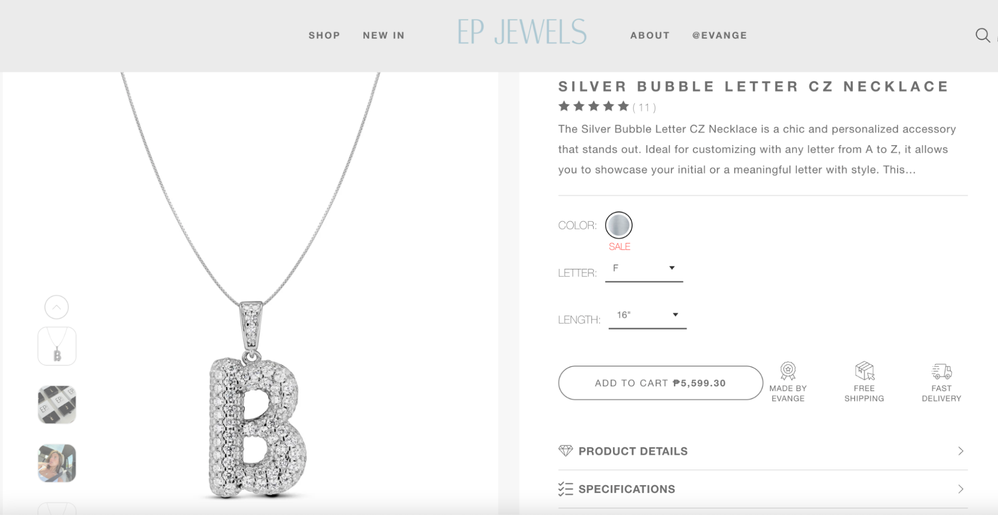 A silver bubble letter necklace from EP Jewels featuring a pavé cubic zirconia initial “B” pendant on a fine silver chain, with customization options.