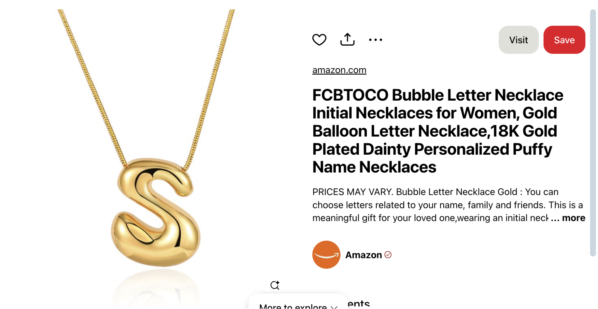 An 18K gold-plated FCBCOTO bubble letter necklace featuring a bold, puffy “S” initial pendant on a sleek gold chain.