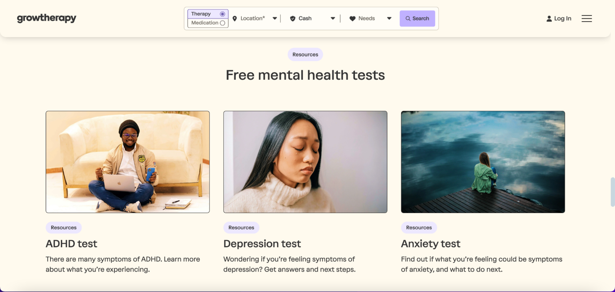 Three preview cards for ADHD, Depression, and Anxiety tests under the heading "Free mental health tests," with corresponding images of individuals in thoughtful or introspective poses, emphasizing accessible mental health resources.