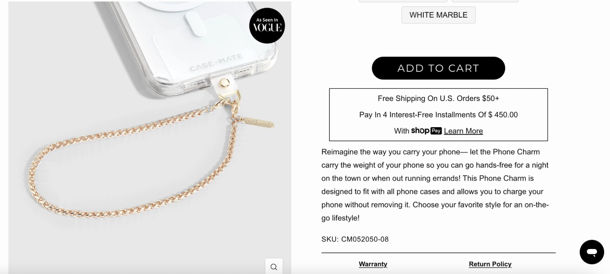 A sleek gold chain phone wristlet from Case-Mate, attached to a clear phone case using a secure in-case anchor and gold hardware tag. This minimalist charm offers a stylish, hands-free way to carry your phone while maintaining easy access for charging.