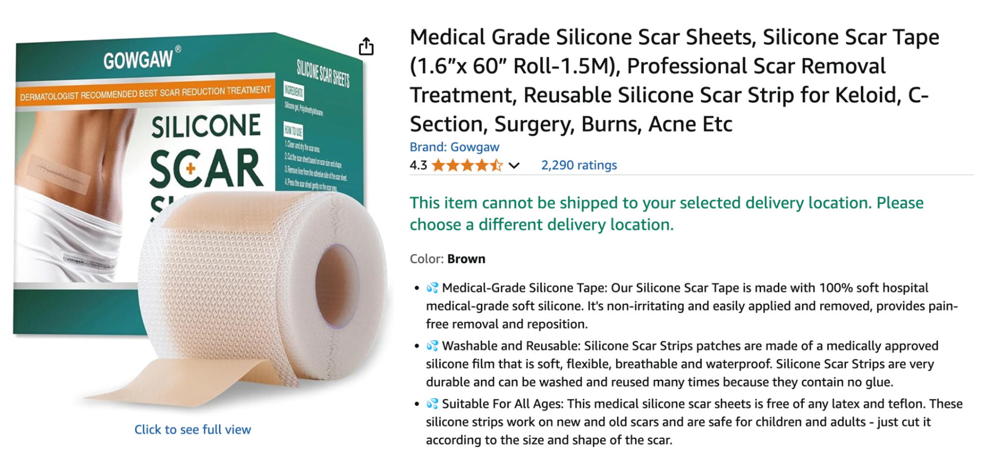 Amazon listing of Gowgaw Medical Grade Silicone Scar Tape Roll, designed for reusable scar treatment on keloids, C-sections, and surgery scars.