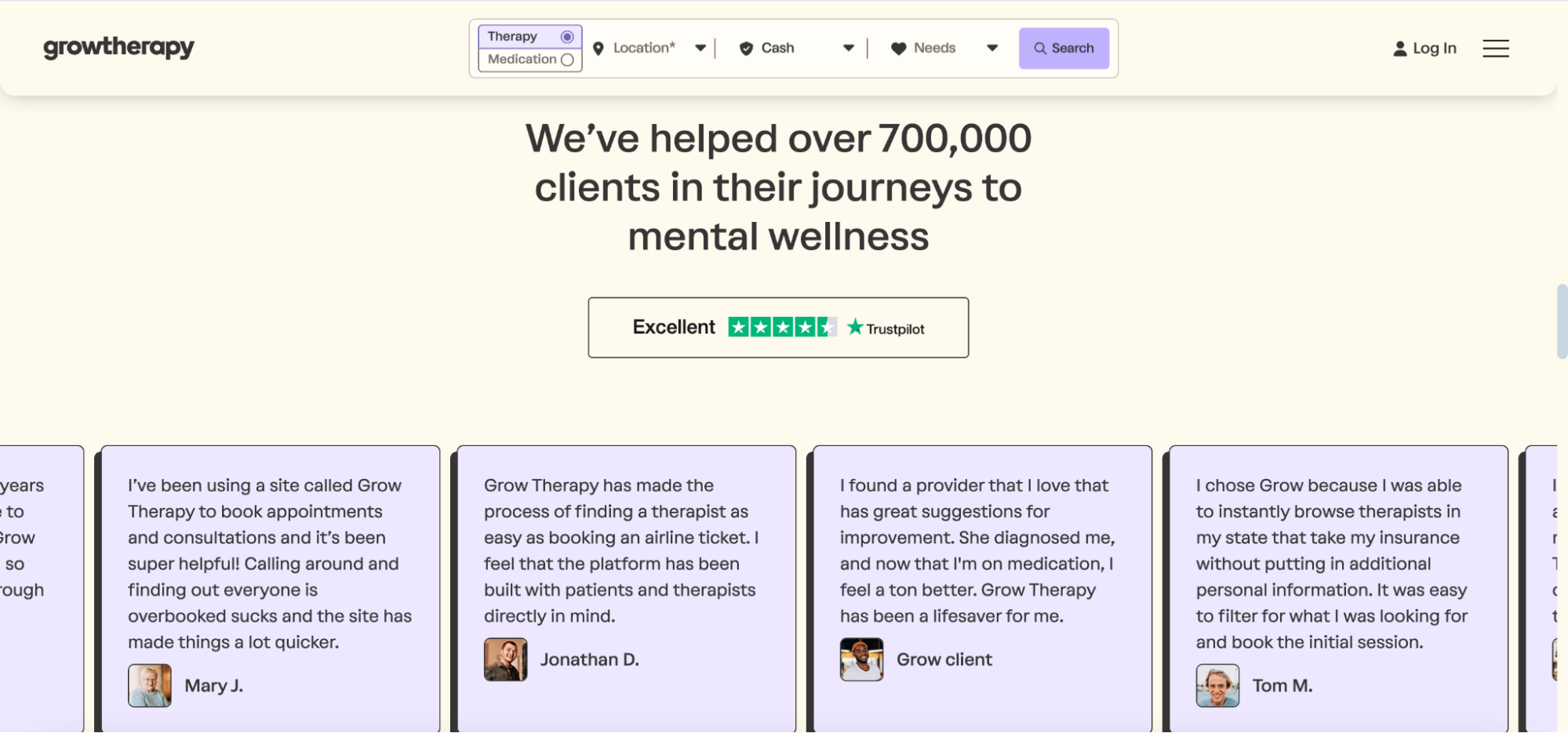 GrowTherapy showcases a Trustpilot rating of "Excellent" and highlights customer testimonials praising the platform’s ease of use, fast booking, and effective therapy and medication options, with over 700,000 clients helped.
