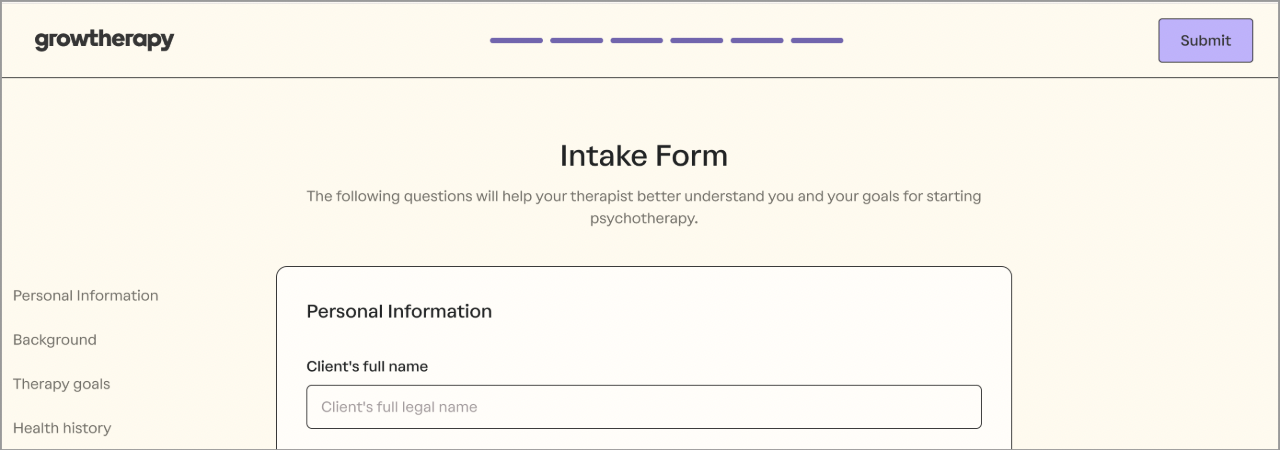 A digital intake form from GrowTherapy asks for the client’s full legal name and personal details to help therapists understand therapy goals, background, and health history before starting psychotherapy.